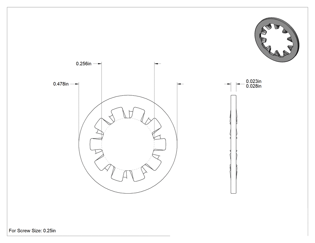 Teknik Çizim - 316 Paslanmaz Çelik İç Dişli Kilit Pulları, 1/4" Vida Boyutu için, 0.256" İç Çap, 0.478" Dış Çap