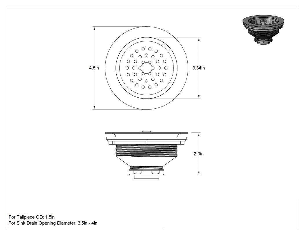 Teknik Çizim - Lavabo Tahliyesi, Süzgeçli, Krom Kaplı Pirinç