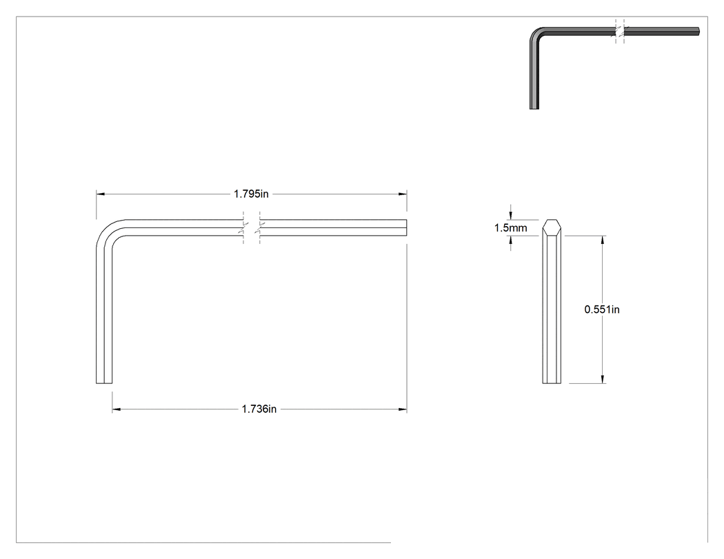 Teknik Çizim - Nikel Kaplı Alaşımlı Çelik Altıgen L Anahtarı, 1.5 mm Tahrik Boyutu, 1-3/4" Toplam Uzunluk