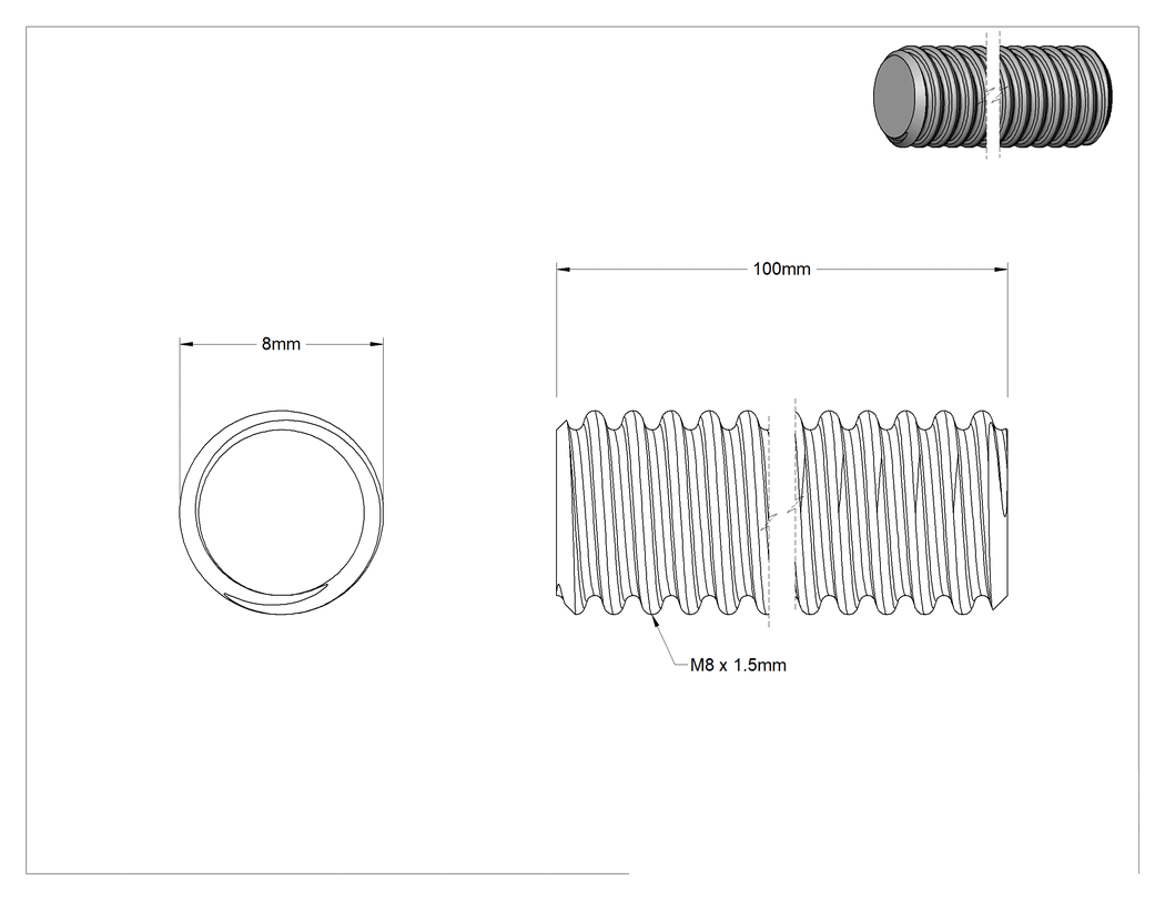 Teknik Çizim - Kılavuz Vida, Ultra Hassas, Alaşımlı Çelik, M8 x 1.5 mm Diş, 100 mm Uzunluk