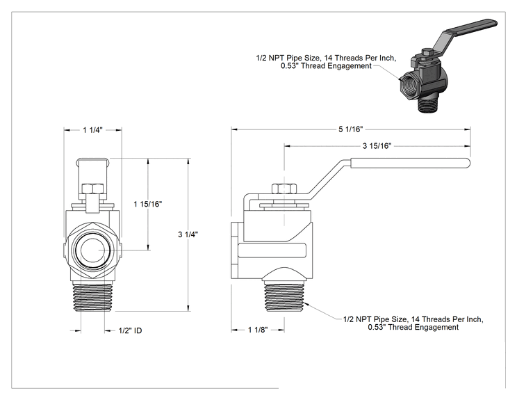 Teknik Çizim - Pirinç Dirsek Açma/Kapama Vanası, Kol Kollu, 1/2 NPT Erkek x 1/2 NPT Dişi