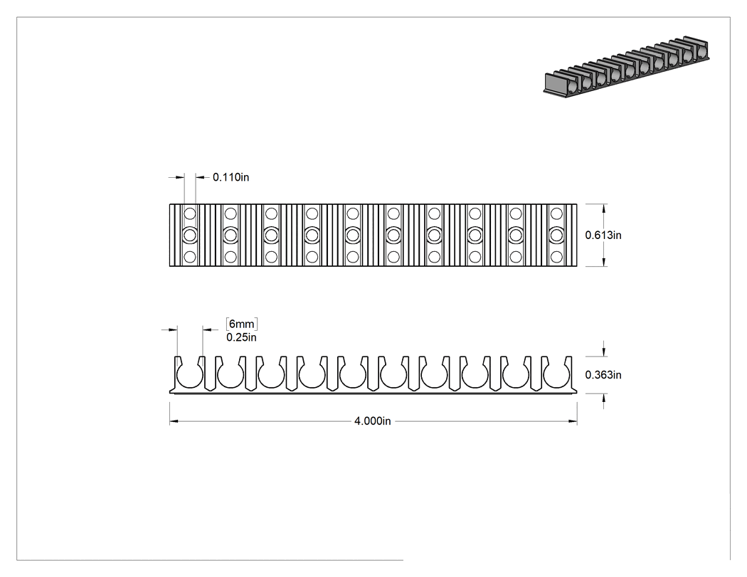 Teknik Çizim - Çok Hatlı Plastik Yönlendirme Kelepçesi, Yapışkan Arka Yüzlü, 10 Hat için, 1/4" İç Çap