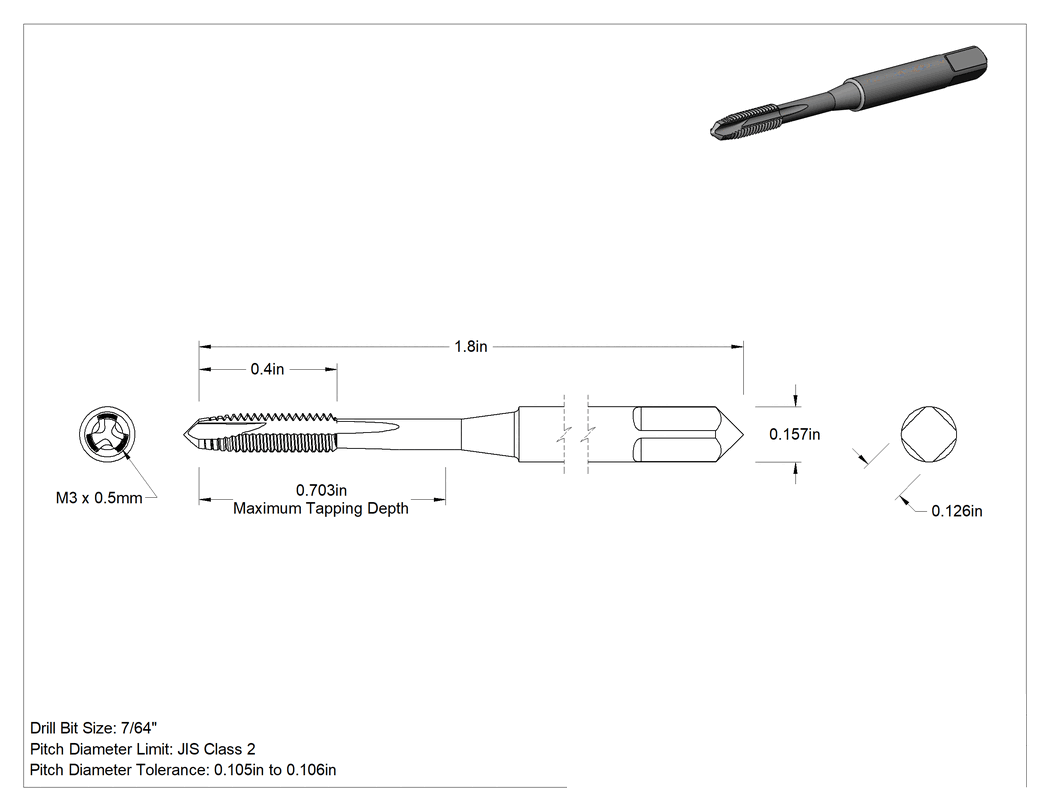 Teknik Çizim - Kaplamasız Yüksek Hızlı Çelik Talaş Temizleme Kılavuzu, Geçiş Delikleri için, M3 x 0.5 mm Dişli, 25/64" Diş Uzunluğu