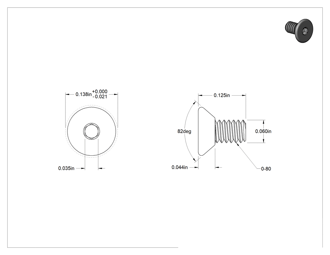 Teknik Çizim - 316 Paslanmaz Çelik Altıgen Soketli Havşa Başlı Vida, 82 Derece Havşa Açısı, 0-80 Diş Boyutu, 1/8" Uzunluk