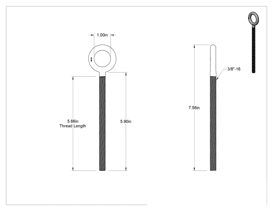 Teknik Çizim - 304 Paslanmaz Çelik Halka Cıvata, Omuz olmadan, 3/8"-16 Diş, 6 inç Uzunluk