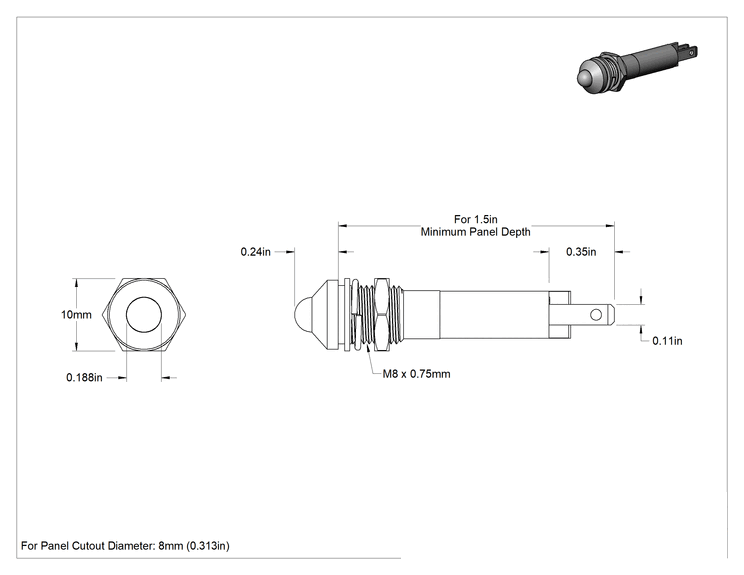 Teknik Çizim - Panel Işığı, Su Geçirmez, 8 mm Kesik, Mavi, 12 V AC ve DC