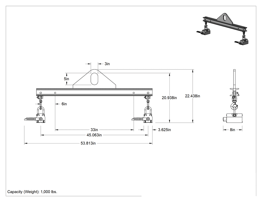 Teknik Çizim - Manyetik Kaldırma Kirişi, 1000 lbs. Kapasite, 33" ila 45" Açıklık