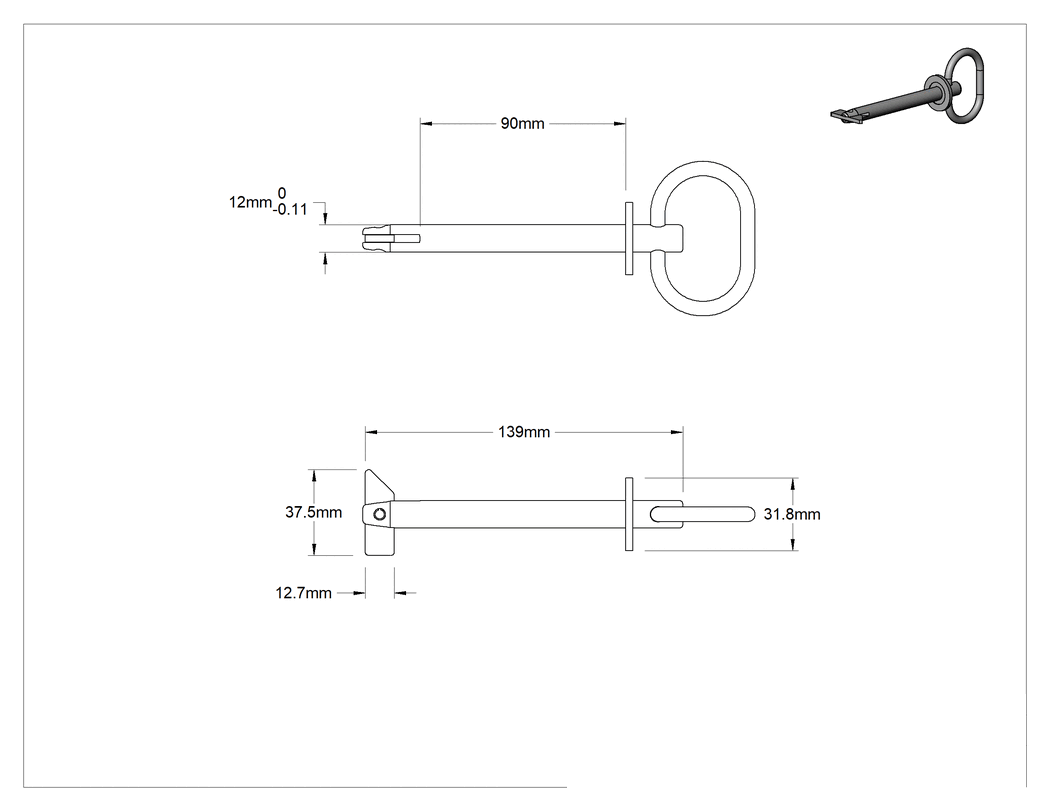 Teknik Çizim - Toggle'lı Çatal Pimi, Döngü Tutamak, Çinko Kaplamalı Karbon Çelik, 12 mm Çap, 90 mm Uzunluk