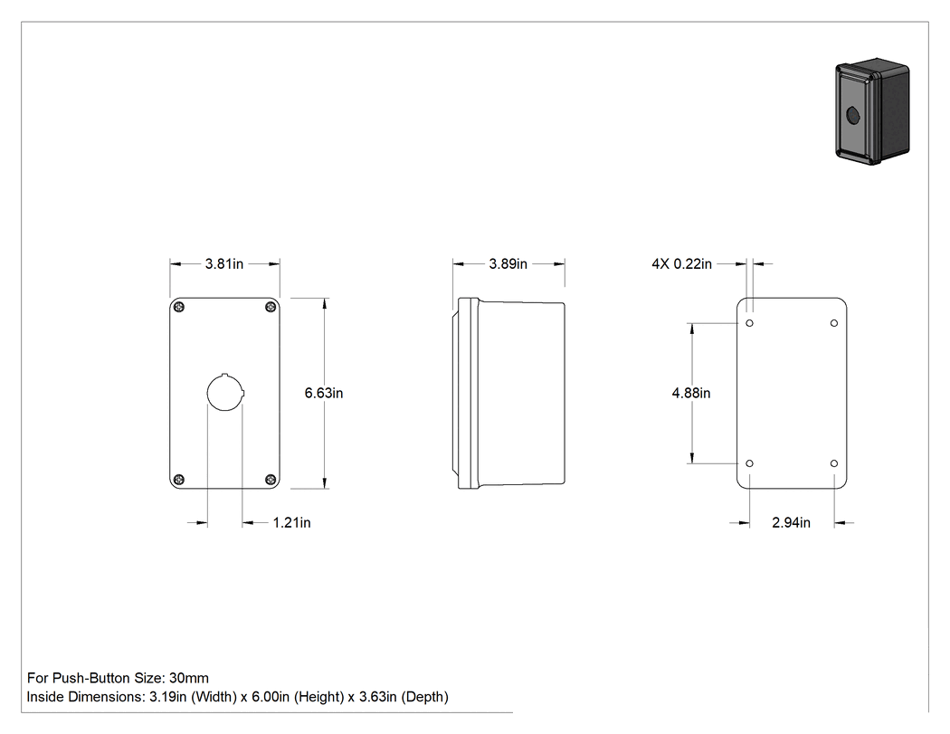 Teknik Çizim - 30 mm Basma Düğmesi için Su Geçirmez Muhafaza, Fiberglas Takviyeli Polyester, 1 Delik, 7 inç Yükseklik