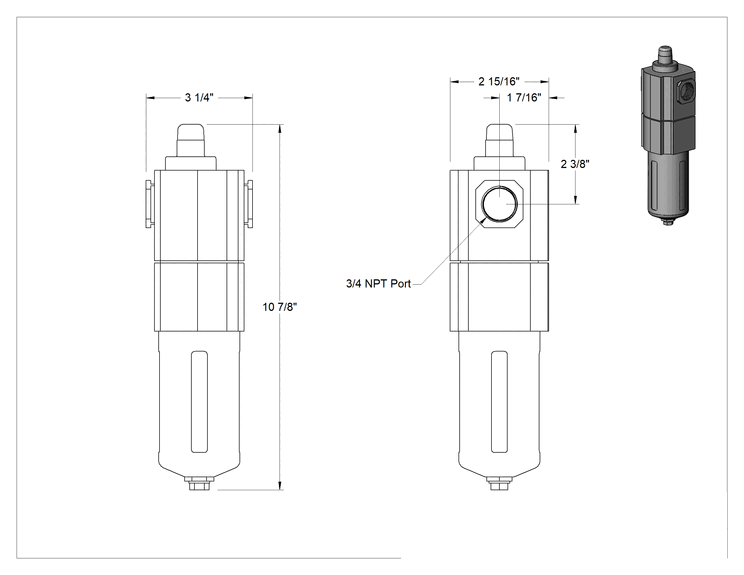 Teknik Çizim - Norgren Hava Filtresi, Seri F74H, 3/4 NPT Dişi