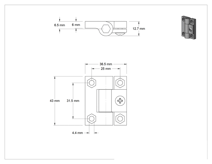 Teknik Çizim - T-Yivli Çerçeve, 20 mm Yüksekliğinde Ray için Ray-Panel Menteşesi, Siyah