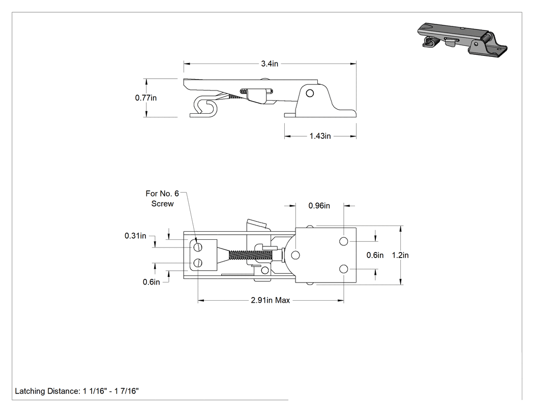 Teknik Çizim - Ayarlanabilir Tutamaklı Çekme Mandalı, Emniyet Mandallı, Sarı Kromatlı Çinko, 3-1/2" Uzunluk, 1-1/4" Genişlik
