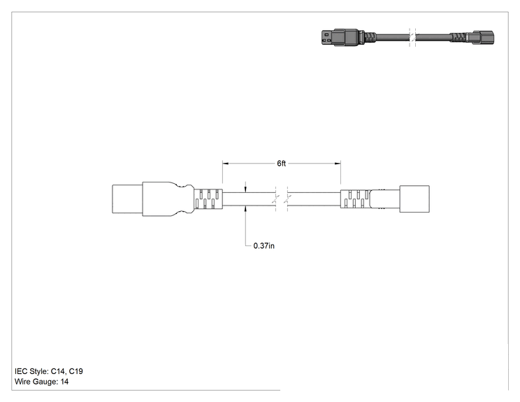 Teknik Çizim - Elektronik Ekipman Güç Kablosu, IEC C14 Fiş x IEC C19 Priz, 14 AWG, 6 Fit Uzunluk