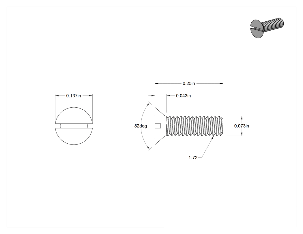 Teknik Çizim - Pirinç Oluklu Havşa Başlı Vida, 1-72 Diş Boyutu, 1/4" Uzunluk