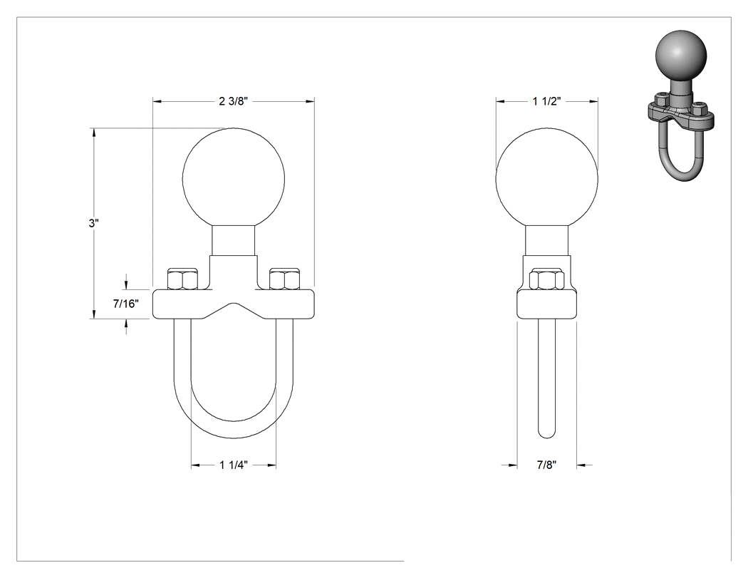 Teknik Çizim - 3 inç Yükseklikte Boru Montajlı Kelepçeli Taban, Top Tutucu Konumlandırma Kolu için