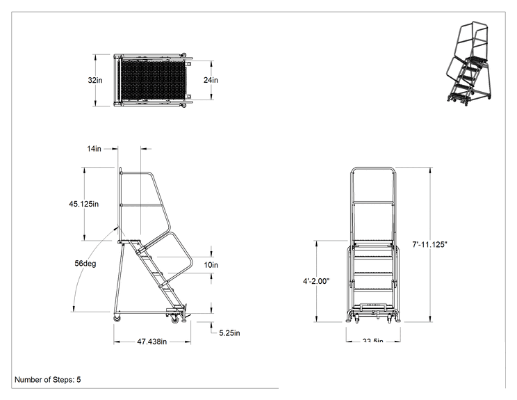 Teknik Çizim - Montajlanmamış Tırtıklı Platformlu Tekerlekli Merdiven, 5 Basamaklı, 4 fit 2 inç Yükseklik x 14 inç Derinlik Platform, 7'11" Toplam Yükseklik