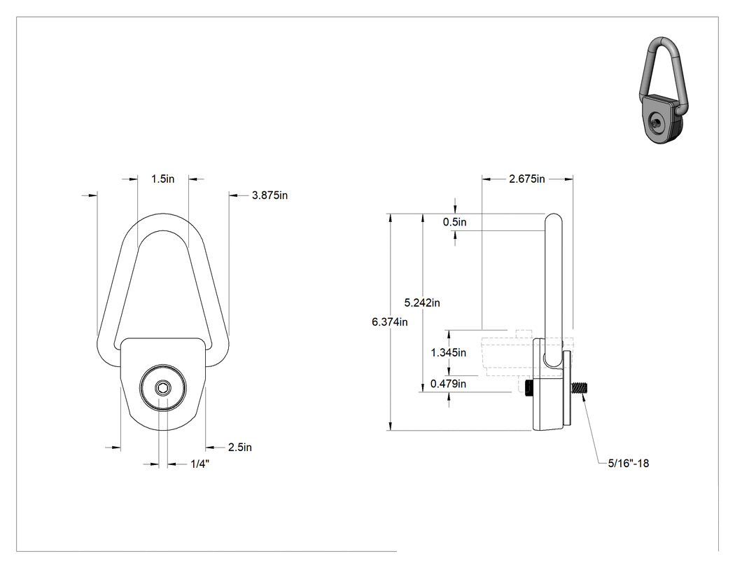 Teknik Çizim - Siyah Oksit Çelik Yan Montajlı Kaldırma Halkası - Kaldırma için, Üçgen, 5/16"-18 Diş Boyutu, 1/2" Diş Uzunluğu