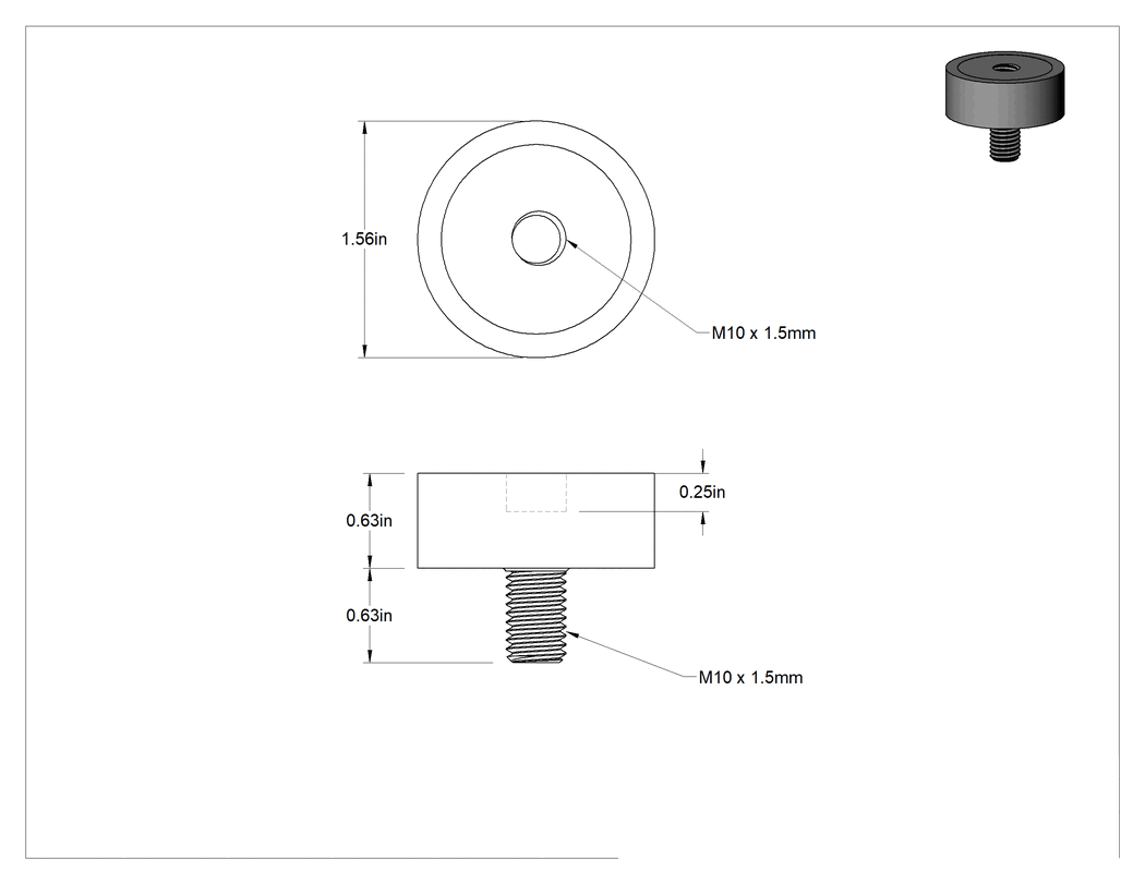 Teknik Çizim - Doğal Kauçuk Titreşim Sönümleyici Sandviç Montaj, M10 x 1.5 mm Çelik Saplama ve Ek Parçalı, 375 lbs. Kapasite