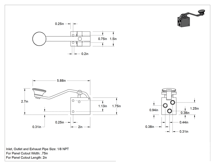 Teknik Çizim - Hava Yön Kontrol Vanası, Yaylı Geri Dönüşlü, 1/8 NPT Dişi, 5 scfm