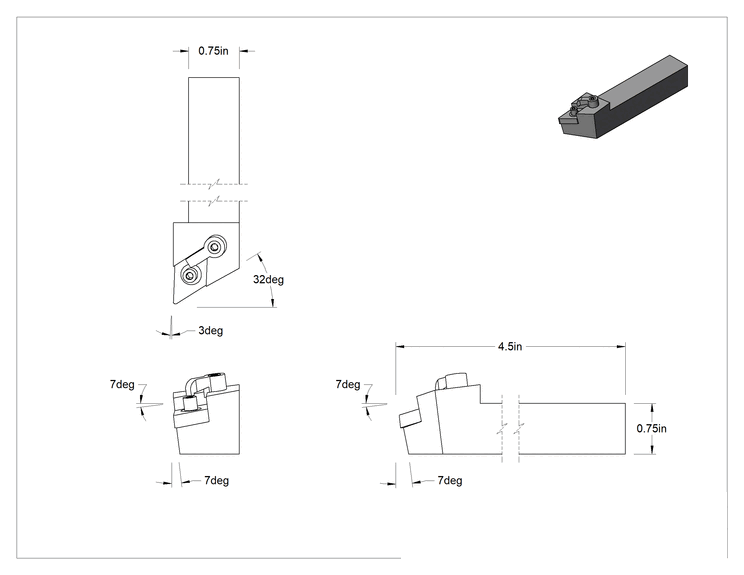 Teknik Çizim - Döner Karbür Uç Tutucu, MDJN, Sol Yönlü, 1/2" iç çaplı daire çapı için, 3/4" Şaft Genişliği