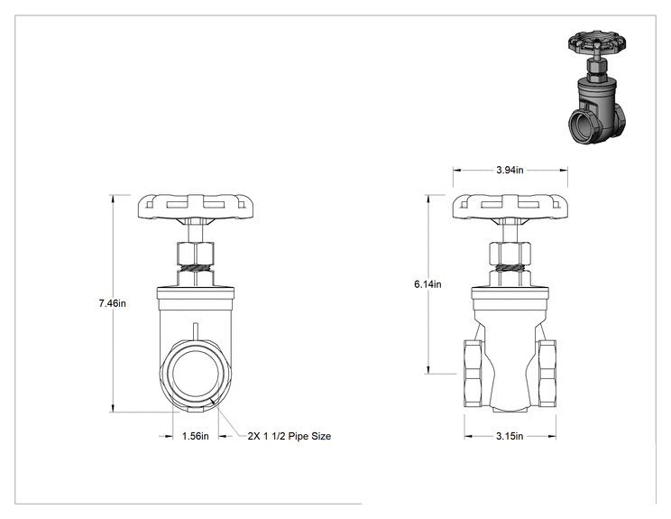 Teknik Çizim - 316 Paslanmaz Çelik Gövde ve Sürgülü Kademeli Açma/Kapama Vanası, 1-1/2 Soket Bağlantılı Dişi
