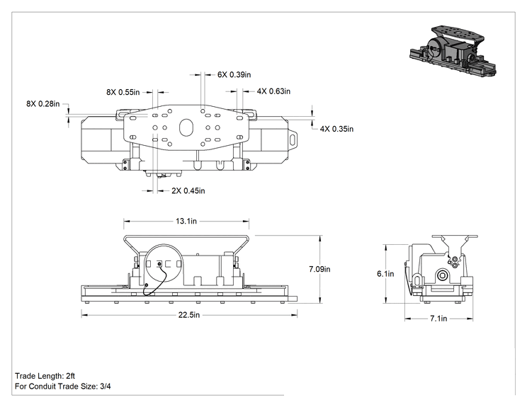 Teknik Çizim - Patlamaya Dayanıklı Tavan Işığı, Dahili LED, 22-1/2" Toplam Uzunluk