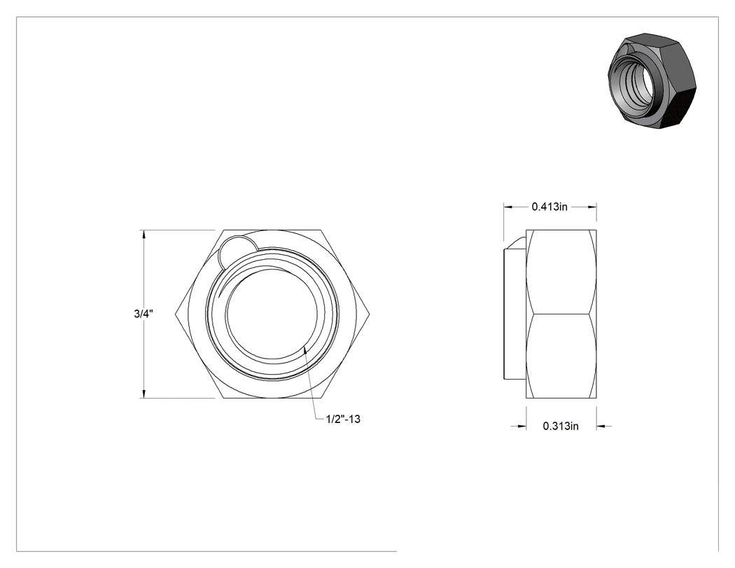 Teknik Çizim - Aşırı Titreşim için Çelik Emniyet Somunu, 1/2"-13 Diş Boyutu, 13/32" Yükseklik