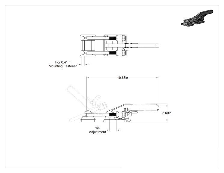 Teknik Çizim - Kilitli Tutamaçlı Mandal Tipi Mandal Kelepçe, U Tipi Kol, Çelik, 8900 lb. Kapasite, 10-11/16" Toplam Uzunluk