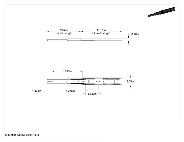 Teknik Çizim - Yumuşak Kapanan Çelik Çekmece Kılavuzları, 12" Kapalı Uzunluk