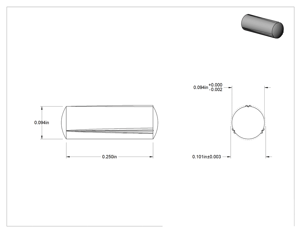 Teknik Çizim - Çelik tam oluklu dübel pimleri, 3/32" Çap, 1/4" Uzunluk