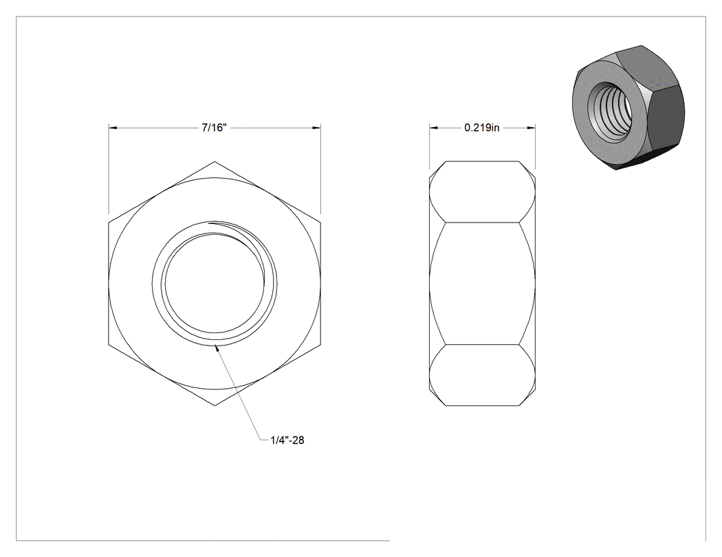 Teknik Çizim - Orta Mukavemetli Çinko Kaplı Çelik Sol Dişli Altıköşe Somun, 1/4"-28 Diş Boyutu