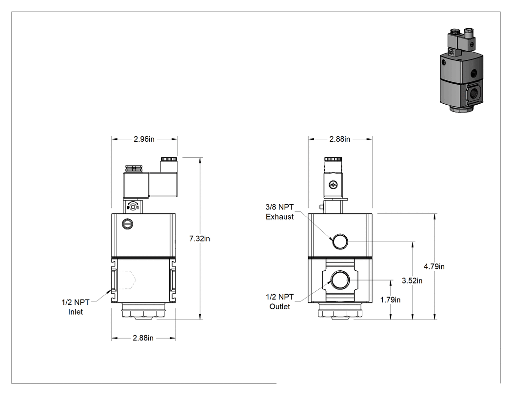 Teknik Çizim - Modüler Sıkıştırılmış Frls için Hava Tahliye Valfi, Yavaş Başlatma, Wilkerson E28, 1/2 NPT Dişi Giriş, 24V DC