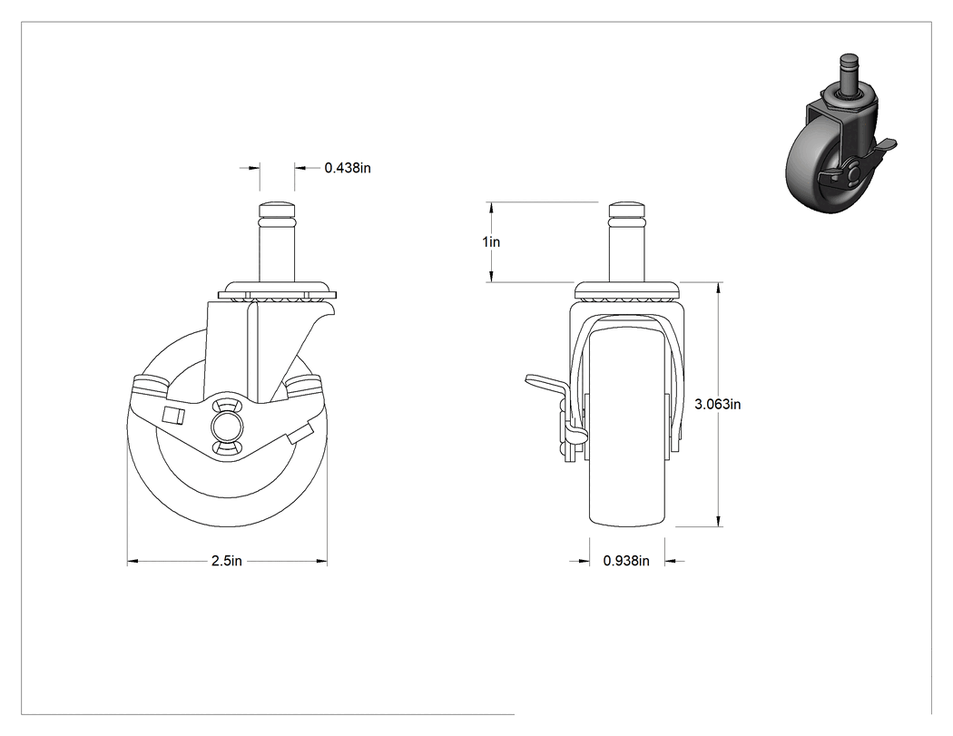 Teknik Çizim - Tutuş Halkalı Sürtünmeli Tutuşlu Saplı Tekerlek, Frenli ve 2-1/2" Çaplı 75A Kauçuk Tekerlekli Döner Tekerlek