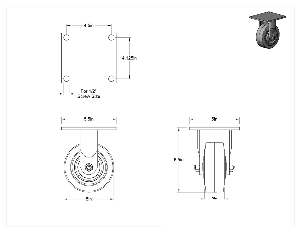 Teknik Çizim - 5-1/2" x 5" Montaj Plakalı Tekerlek, Samson, 5 inç Çapında Gri Kauçuk Tekerlekli Sert