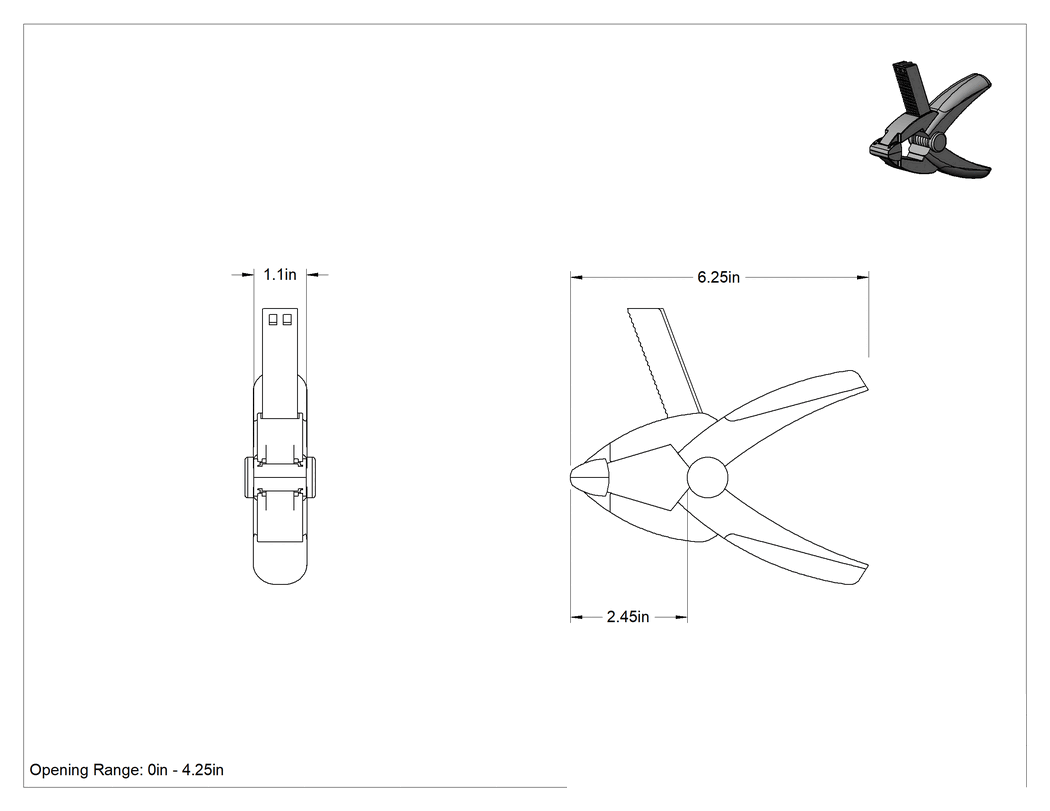 Teknik Çizim - Yaylı Kelepçe, Ayarlanabilir Çeneli, 0" ila 4-1/4" Açıklık