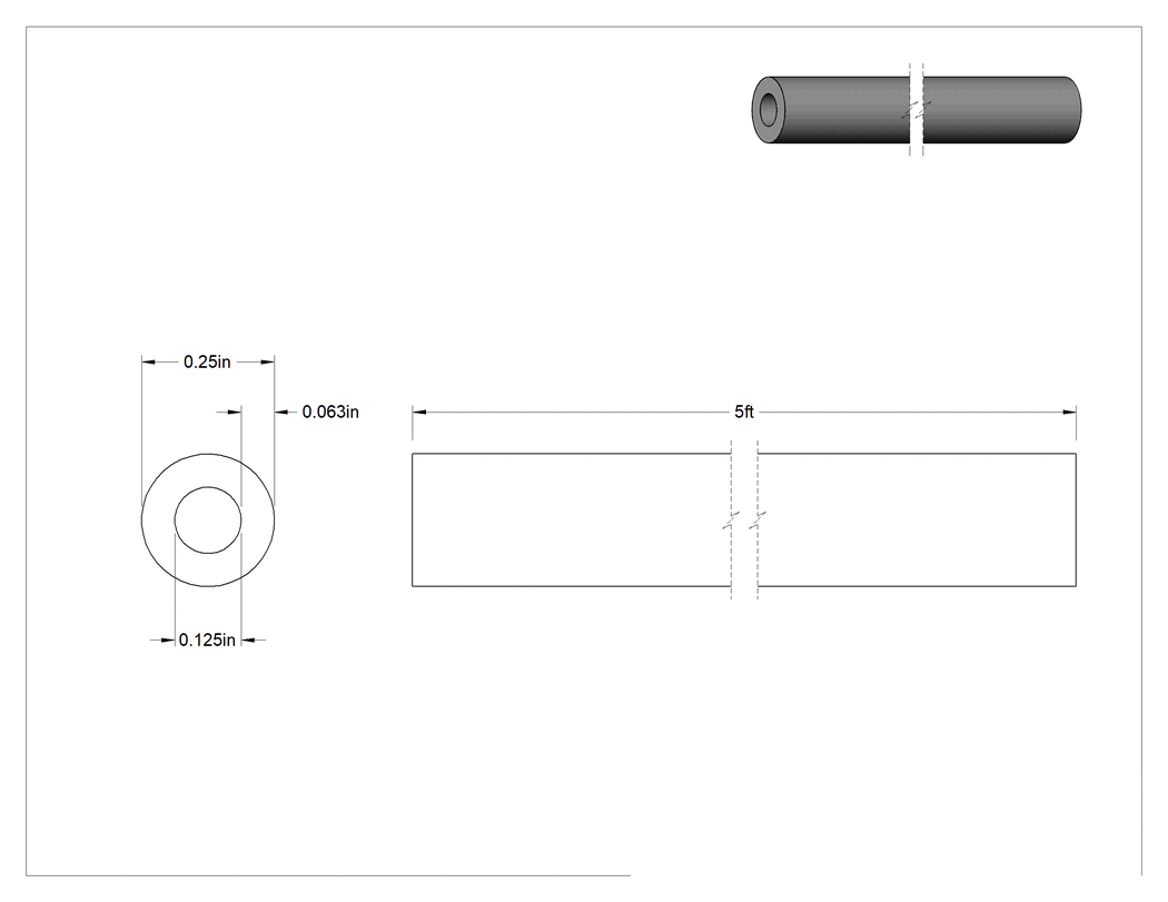 Teknik Çizim - Aşınmaya Dayanıklı, İşlenmesi Kolay Asetal Boru, 1/4" Dış Çap x 1/8" İç Çap, 5 Fit Uzunluk