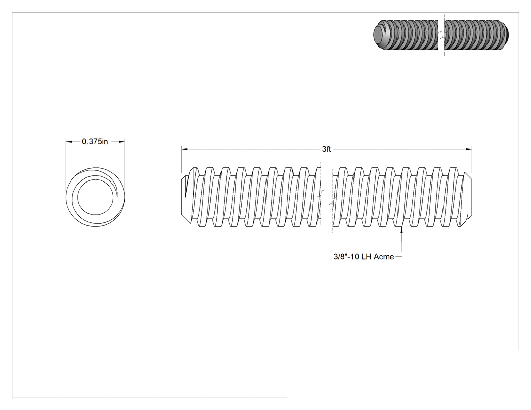 Teknik Çizim - 304 Paslanmaz Çelik Hassas Acme Kılavuz Vidası, Sol Yönlü, 3/8"-10 Diş, 3 Fit Uzunluk