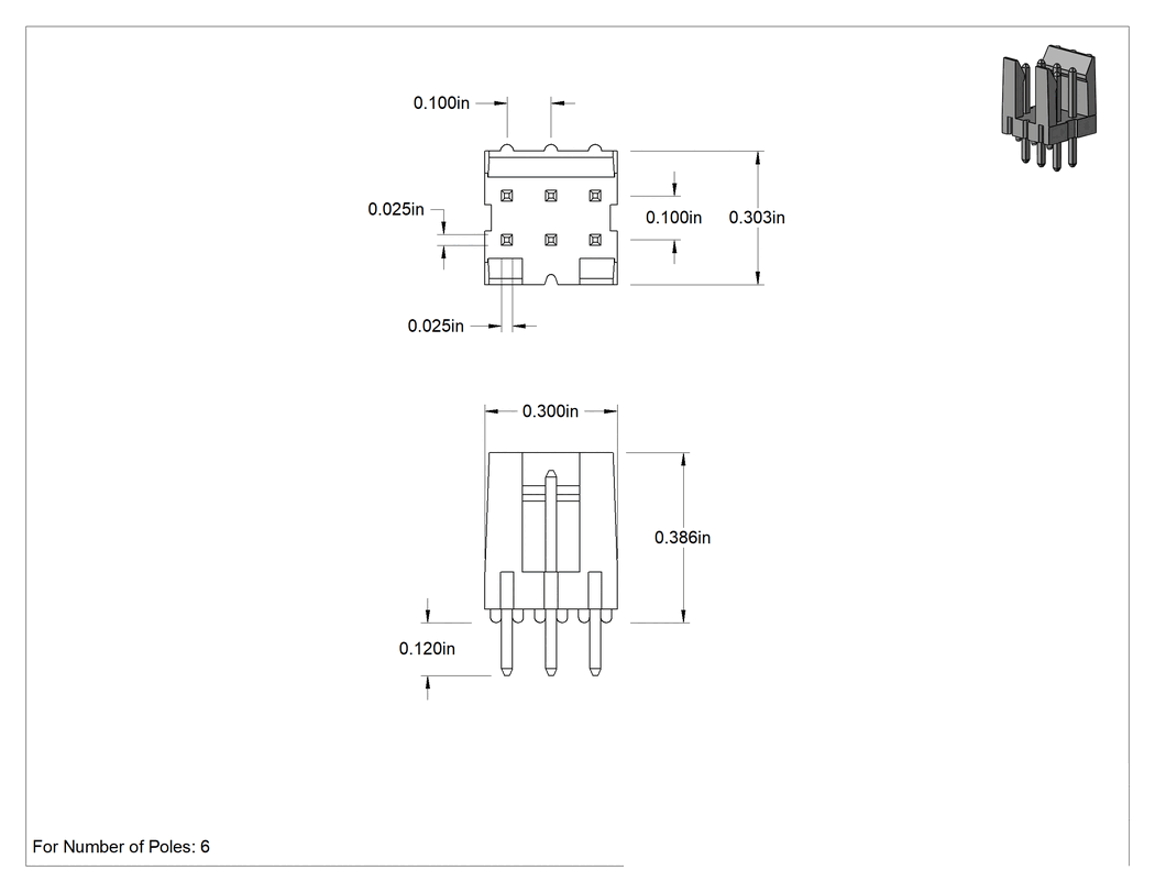 Teknik Çizim - 6 Kutuplu Başlıklar, Amphenol Devre Kartı Konektörleri için 2 Sıra x 3 Sütun