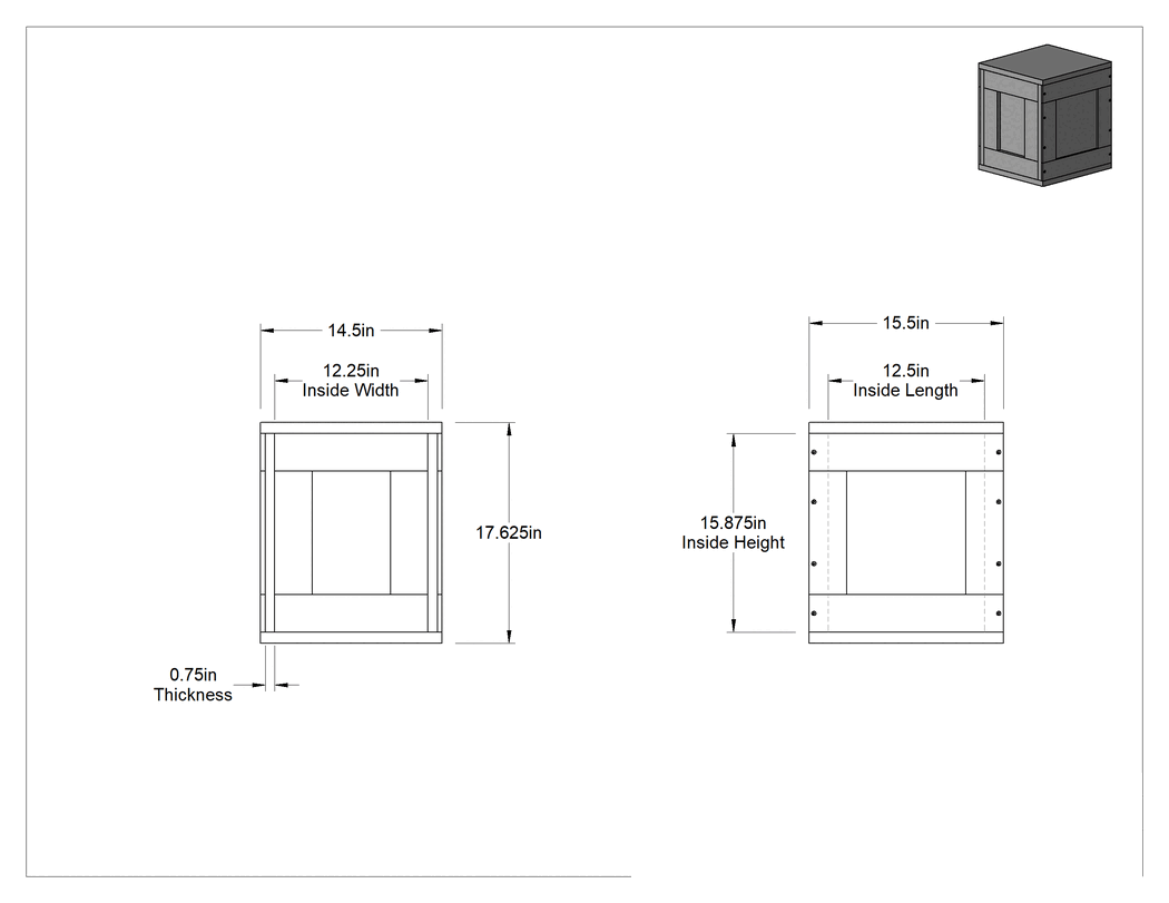 Teknik Çizim - UN Uyumlu Ahşap Nakliye Kutusu, 30 lb. Kapasite, 15-1/2 inç Uzunluk x 14-1/2 inç Genişlik x 17-5/8 inç Yükseklik