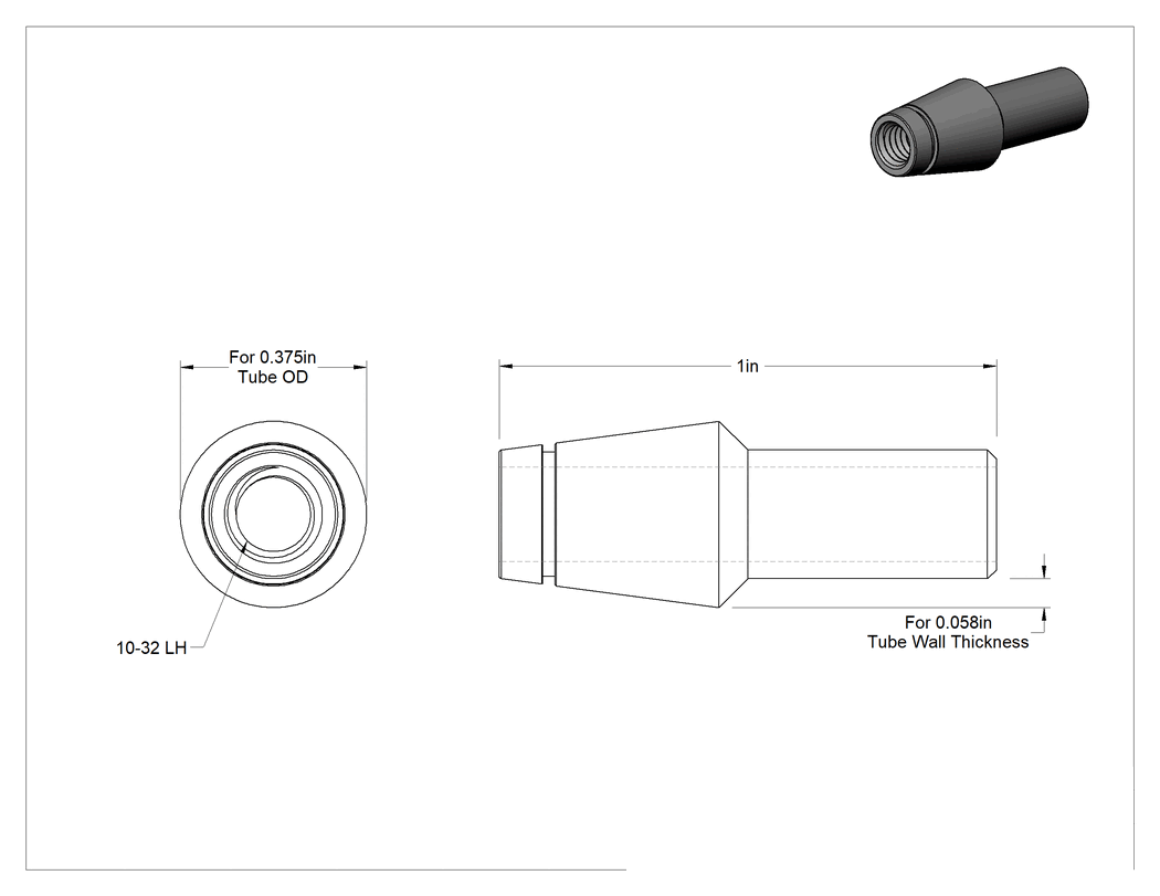 Teknik Çizim - Boru Ucu Kaynak Somunu, Sol Yönlü Dişli, 3/8" dış çap ve 0.058" duvar kalınlığı için, 10-32 Diş