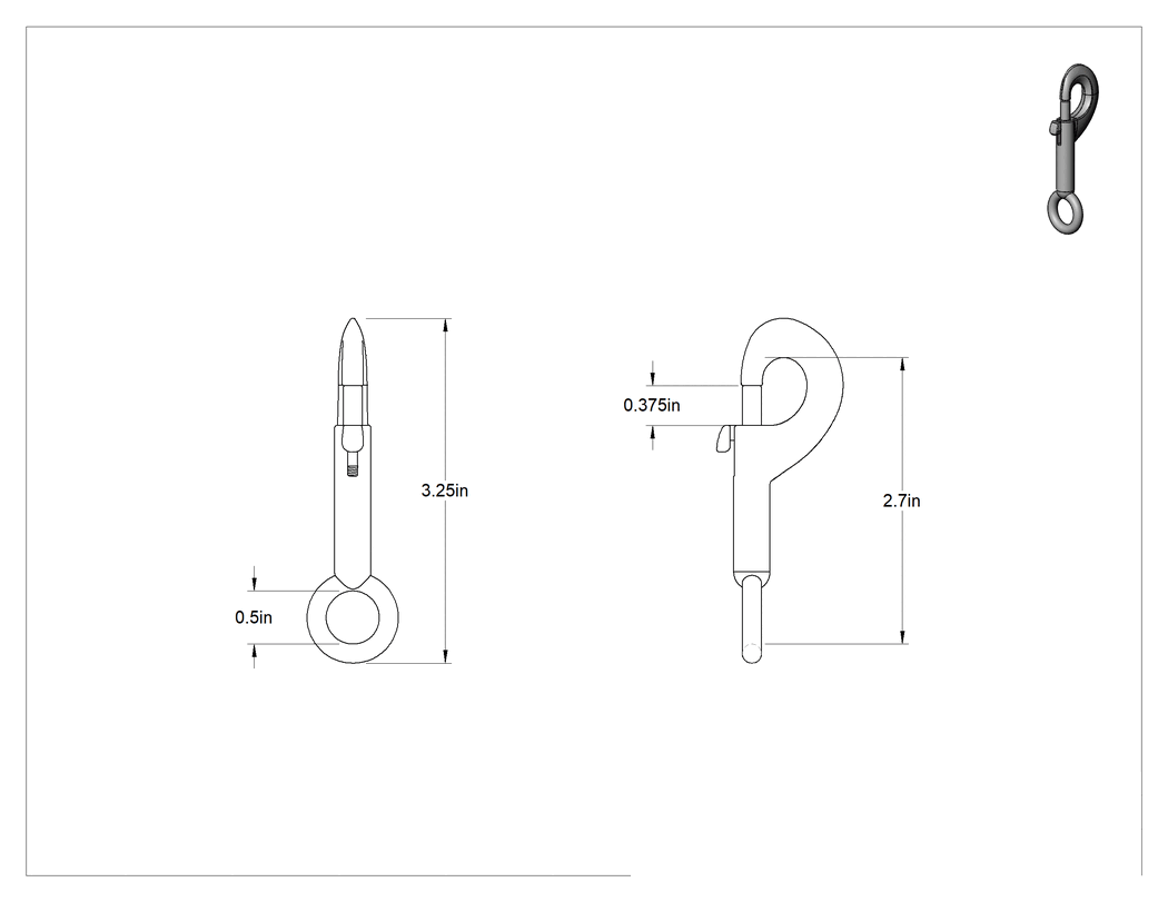Teknik Çizim - Gözlü Kayar Cıvata Mandalı Karabina, Nikel Kaplı Çelik, 3/8" Açıklık Genişliği, 2-11/16" Kullanılabilir Uzunluk