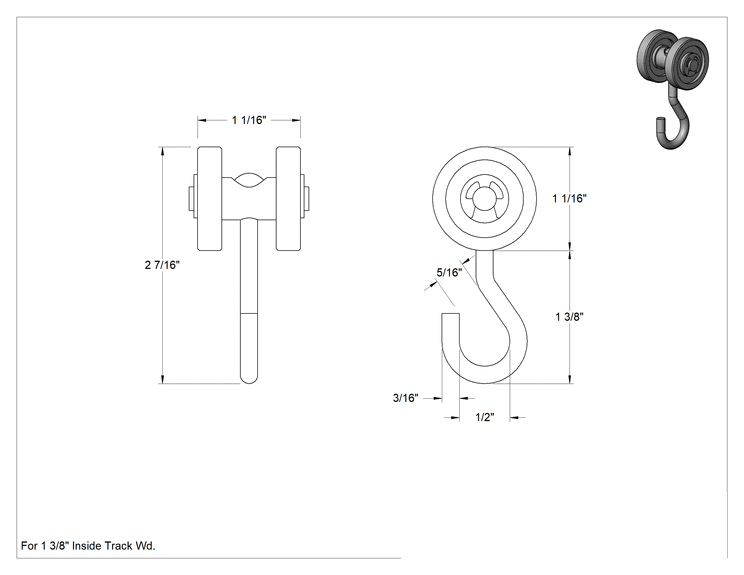 Teknik Çizim - 25 lb. Kapasiteli Makaralı Ray Askısı, 1-3/8" Uzunlukta Kanca