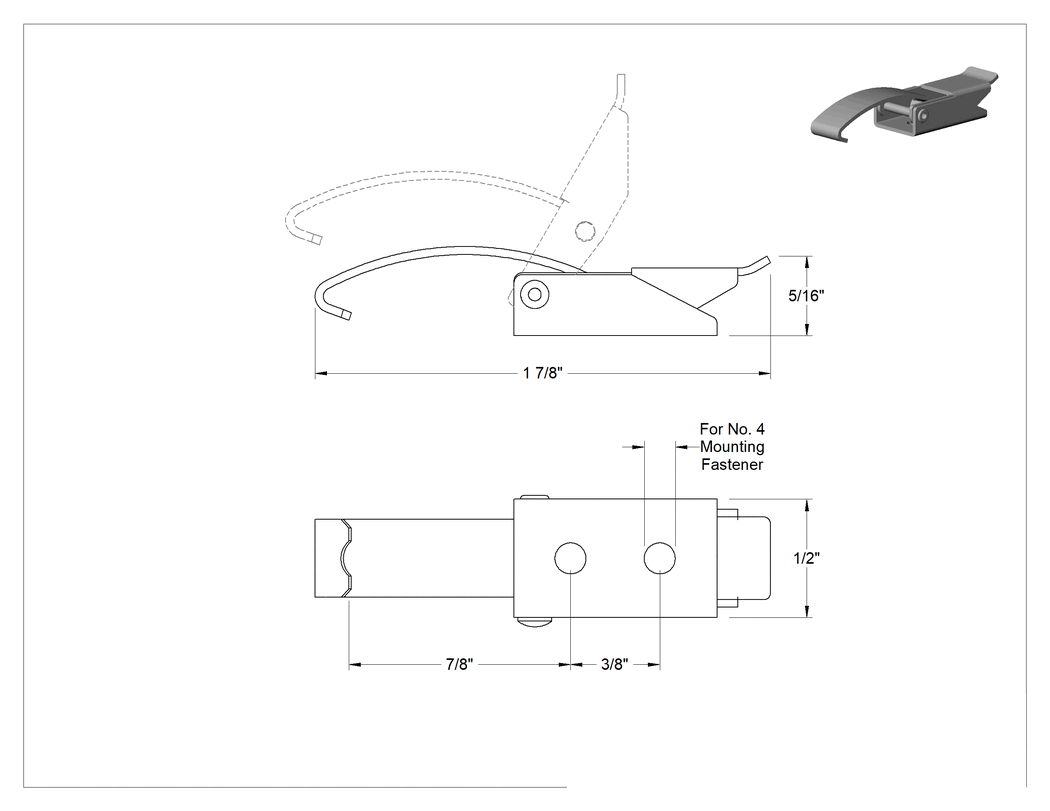Teknik Çizim - Çakmasız Çekme Mandalı, Çinko Kaplı Çelik, 1-7/8" Uzunluk x 1/2" Genişlik Toplam