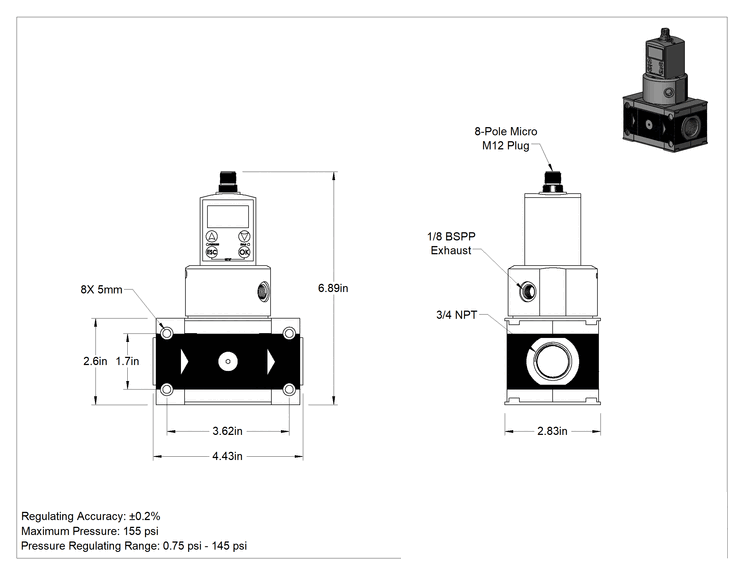 Teknik Çizim - Ekranlı Hassas Basınçlı Hava Regülatörü, Yüksek Akışlı, Elektronik Kontrol, 0.75-145 PSI, 3/4 NPT Dişi
