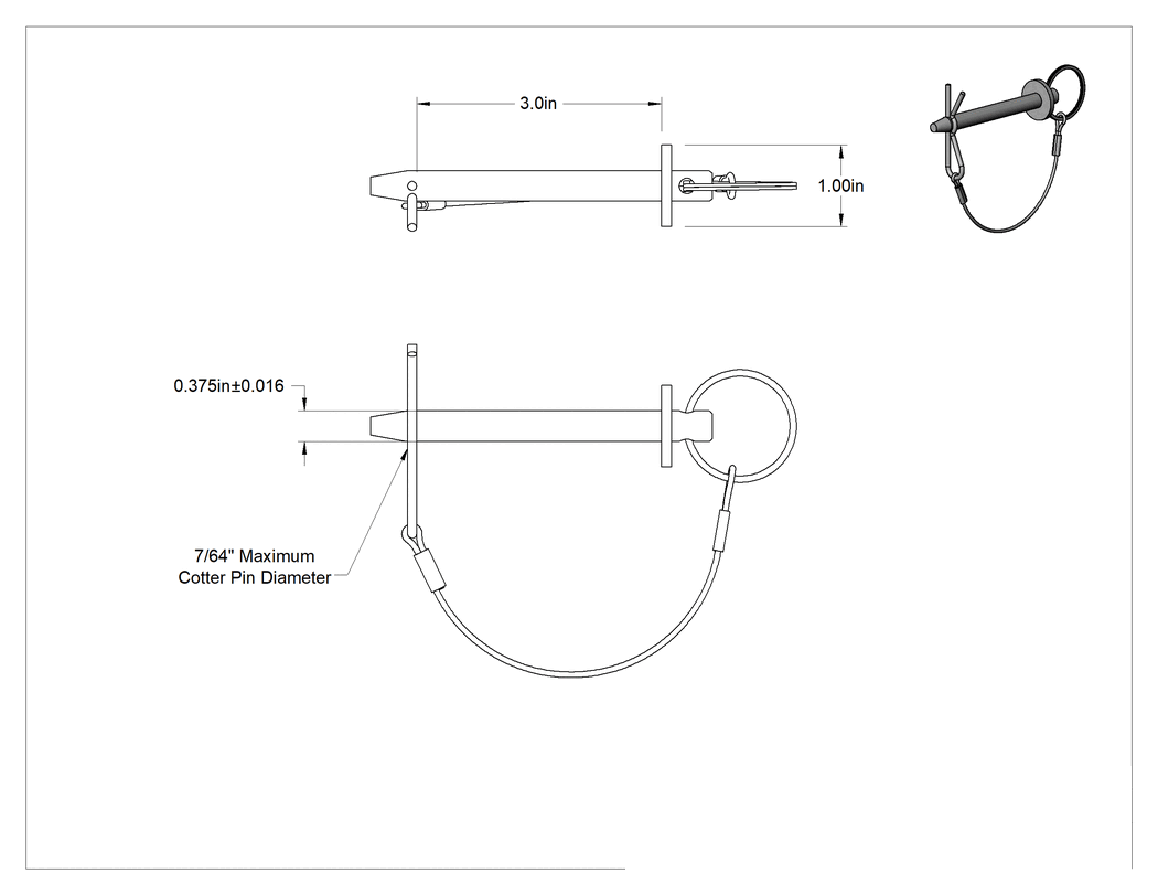 Teknik Çizim - Halka Tutmalı Çatal Pim, 3/8" Çap, 3" Kullanılabilir Uzunluk