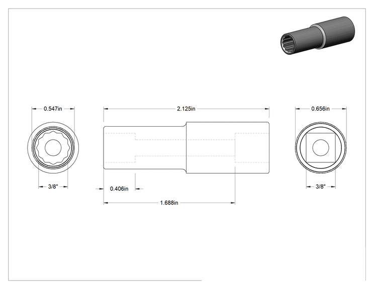 Teknik Çizim - 12-Uçlu Derin Soket, Siyah Oksit, 3/8" Kare Tahrik, 3/8" Boyut