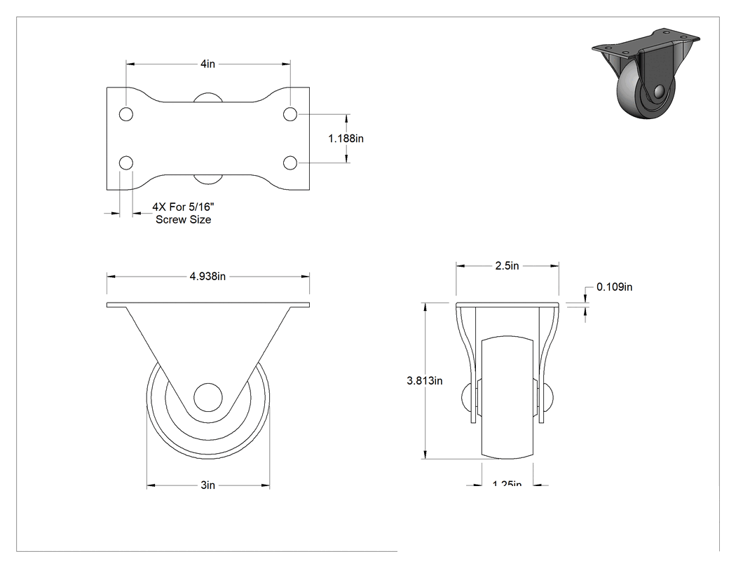Teknik Çizim - Cart-Smart Tekerlek, 3" Çapında 75D Sertlik Kauçuk Tekerlekli Sabit