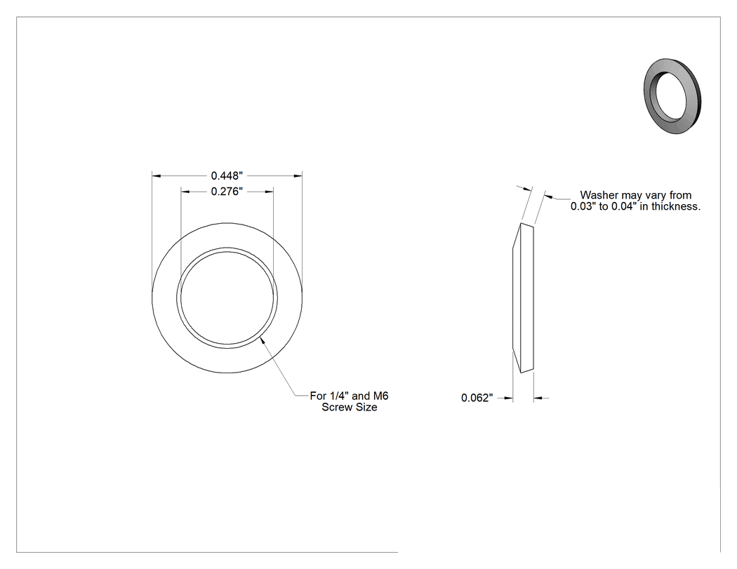 Teknik Çizim - Asetal Ağır Titreşime Dayanıklı Yaylı Kilit Pulları, 1/4" ve M6 Vida Boyutu için, 0.276" İç Çap, 0.448" Dış Çap