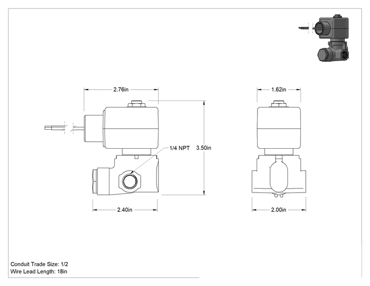 Teknik Çizim - Yakıt için Solenoid Valf, 1/4 NPT Dişi
