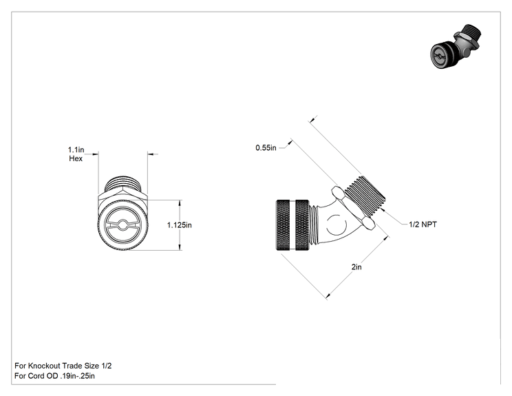 Teknik Çizim - 45 Derece Dirsek Alüminyum Kablo Tutucu, 0.19" ila 0.25" kablo dış çapı için, 1/2 Knockout Anma Ölçüsü için